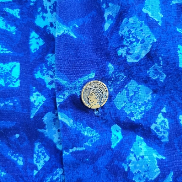 Vintage 60s Hawaiian Casuals by Stan Hicks Mens Shirt  XL Aloha Blue Tappa Print - Picture 5 of 6